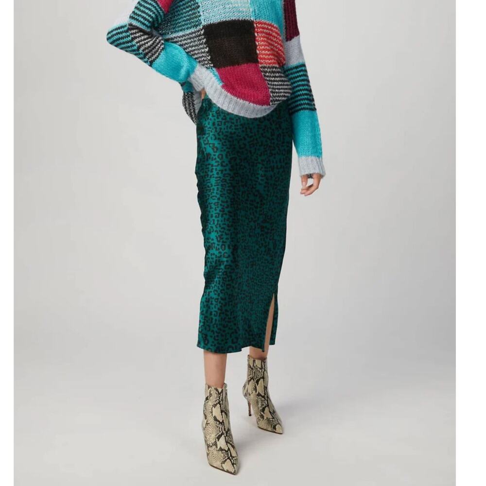 Cami NYC Jessica Skirt Emerald Leopard Print 100% Silk Midi Bias Cut SZ S